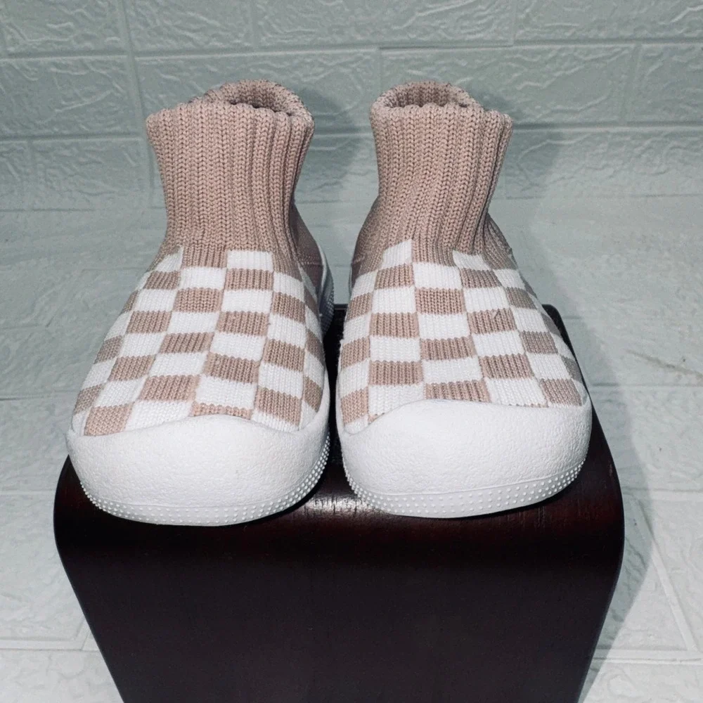 Eashi Knit Sock Sneakers Toddler 9-12 month 4.5 Tan White Checkered Slip On Shoe